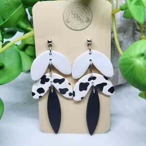 Cow print polymer clay dangle earrings, 3 tier earrings, grey black and white